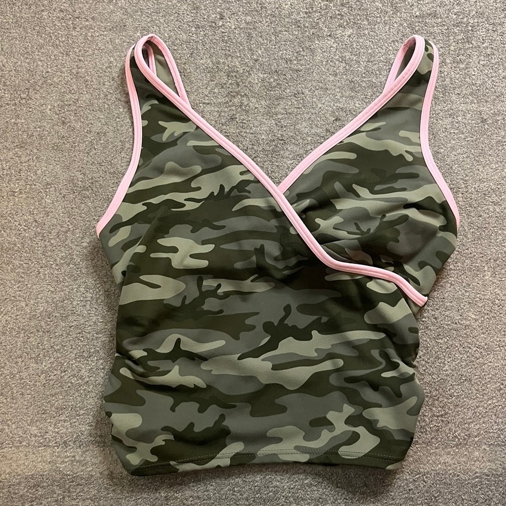 Victorias Secret PINK Camo Wrap Tank Top Green Pink Trim Small Swim Athleisure